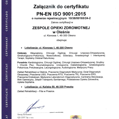 ZOZ w Oleśnie załącznik do certyfikatu